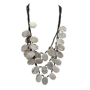 Layered Black Beaded Necklace With White & Black Shell Disc Chain 17"